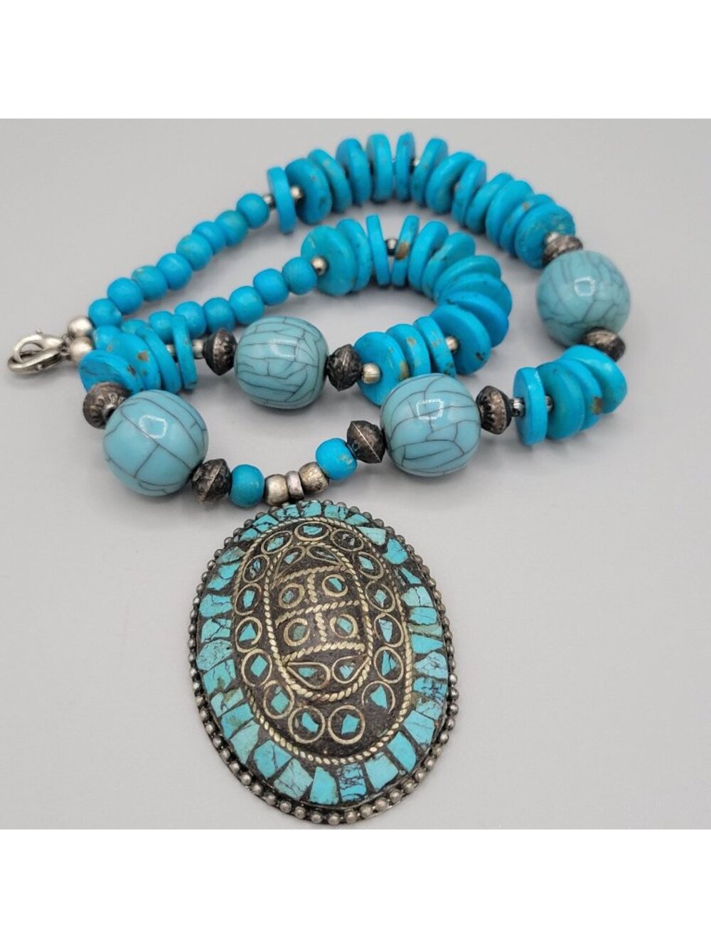 Imitation Turquoise Statement Necklace Large Oval Pendant Mosaic Inlay Textured